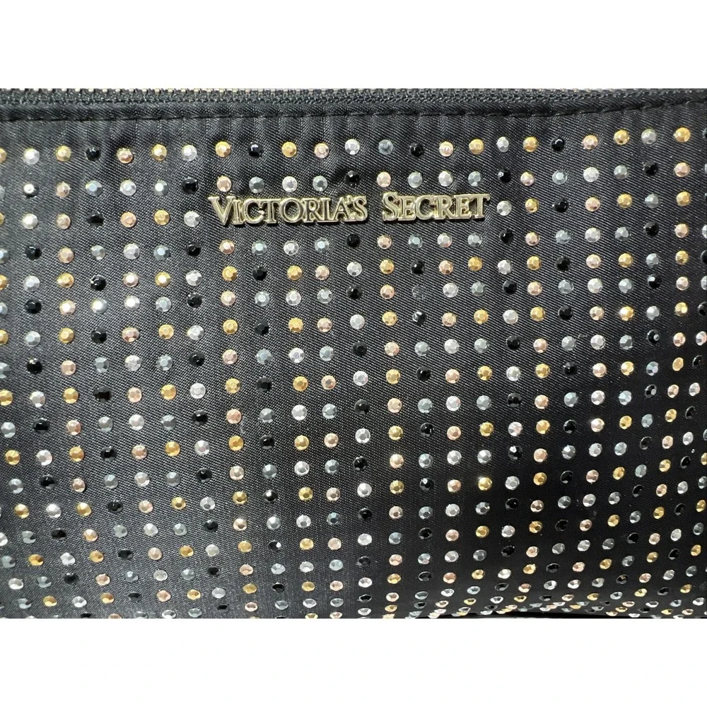 VICTORIA SECRET Makeup Bag Black With Silver & Gold Sequins Studs LEOPARD Lined